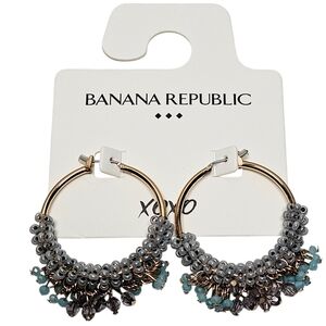 NWT Banana Republic Factory Store Blue Beaded and Gold Tone Hoop Earrings